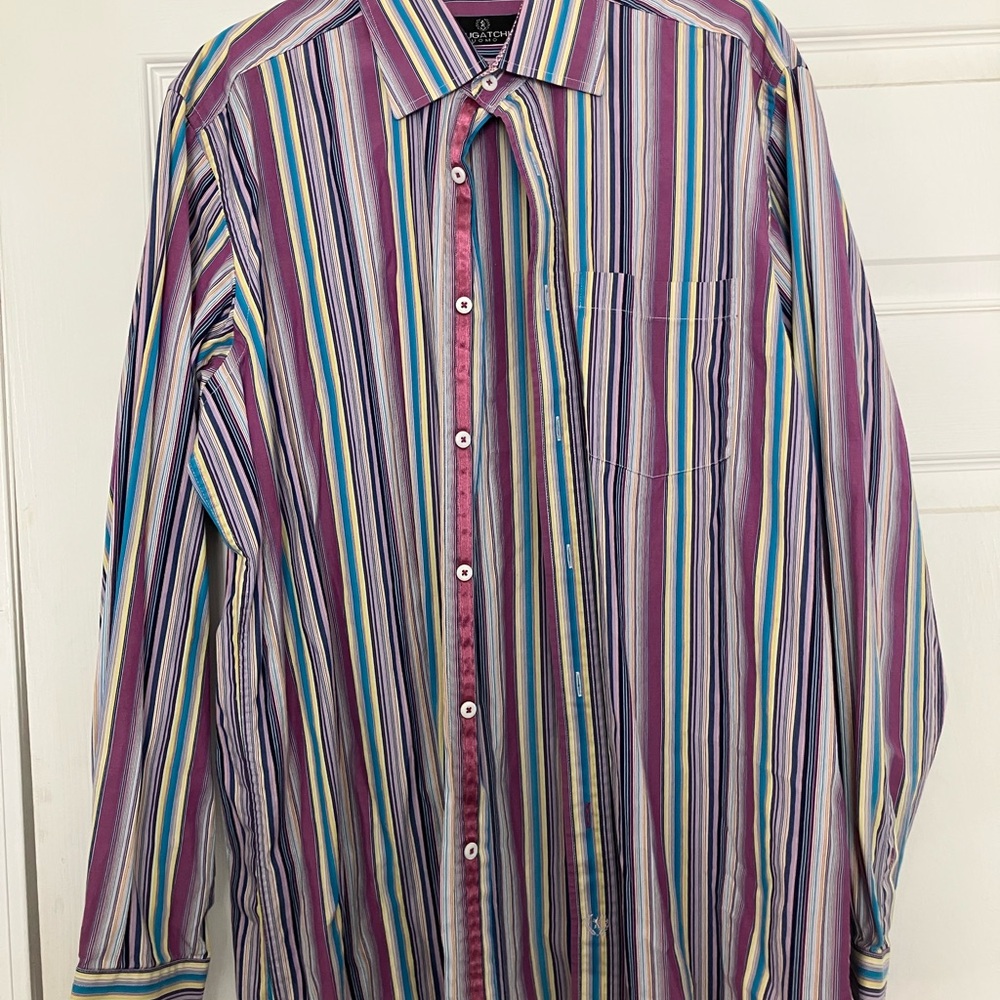 Men’s Bugatchi Oumo Colorful Striped Long Sleeve Button Up Flip Cuff Shirt Sz L
